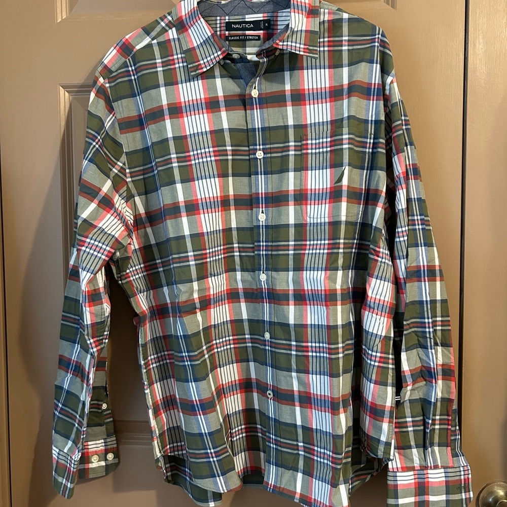 Nautica Olive, Red & Navy Plaid Button-Down Shirt